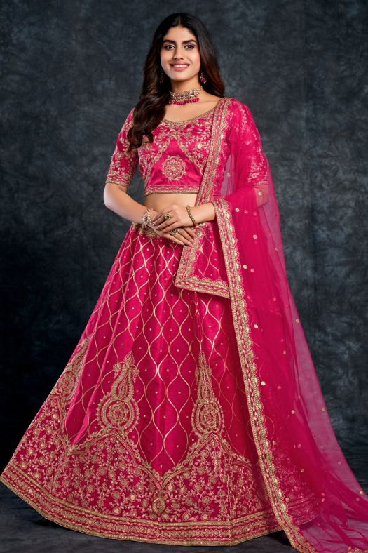 Cerise Pink Embroidered Silk Lehenga