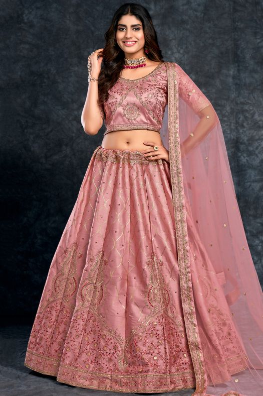 Peach Embroidered Silk Lehenga