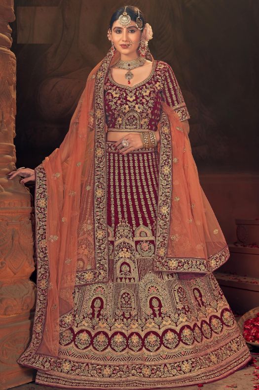 Maroon Embroidered Velvet Lehenga