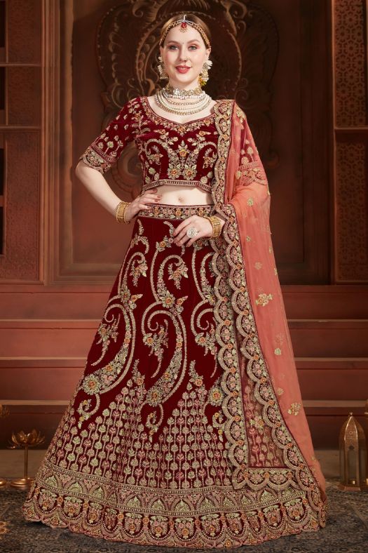 Maroon Embroidered Velvet Lehenga Choli
