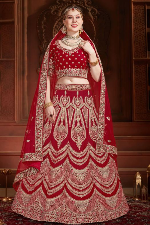 Red Embroidered Velvet Lehenga