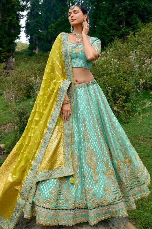 Teal Green Silk Lehenga Choli With Gota Work