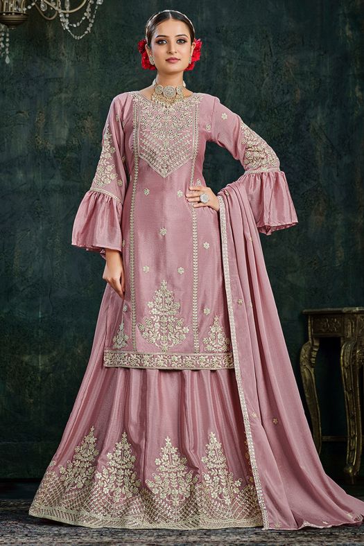 Dusty Pink Chinnon Long Choli Lehenga