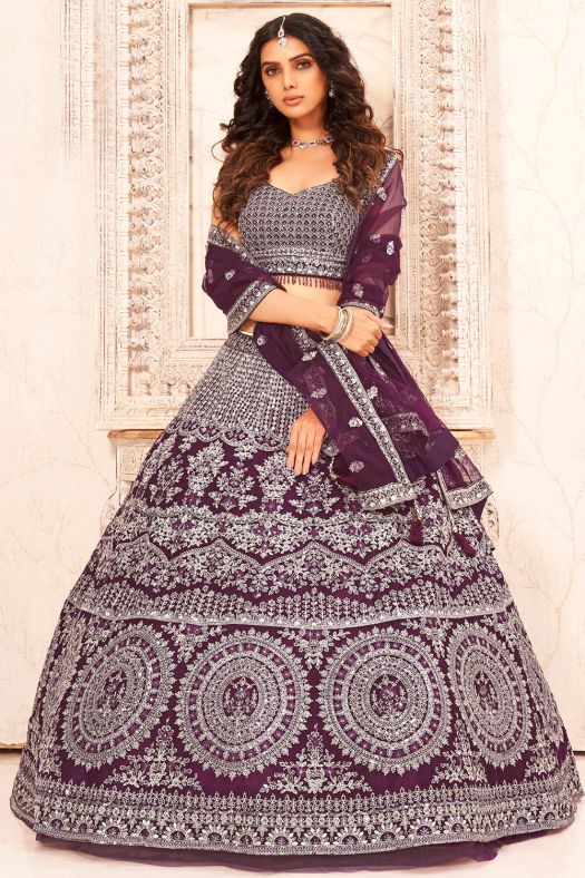 Purple Thread Georgette Embroidered Lehenga