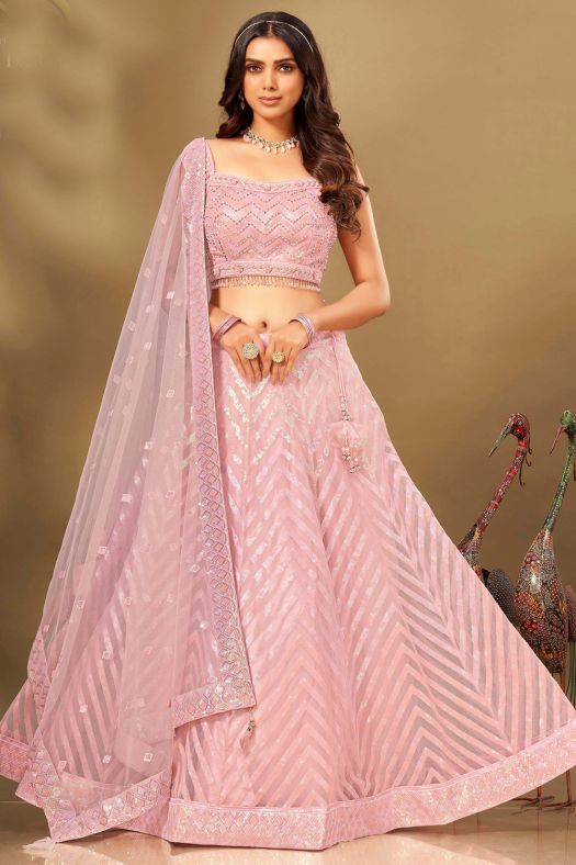 Pastel Pink Net Embroidered Lehenga