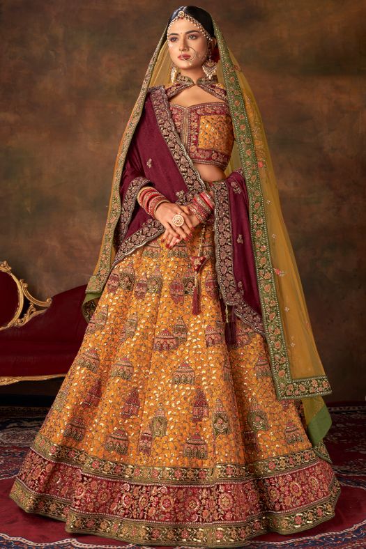 Mustard Yellow Velvet Embroidered Lehenga