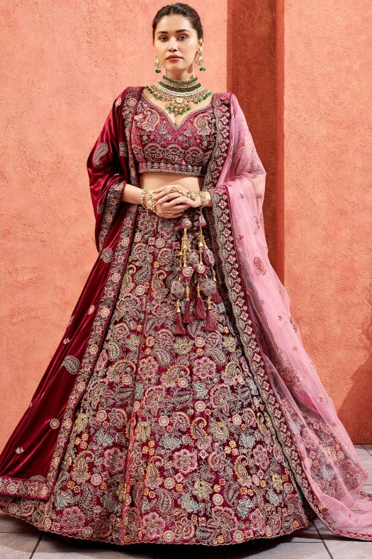 Maroon Velvet Embroidered Lehenga