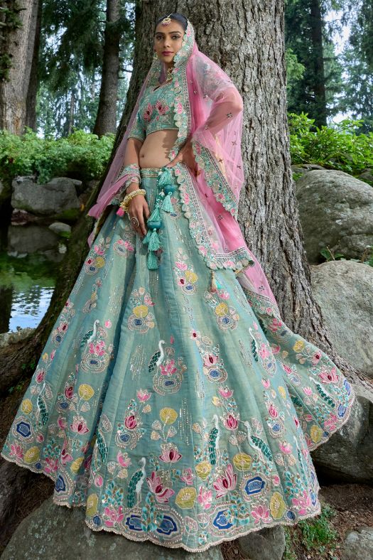 Mint Blue Silk Embroidered Lehenga