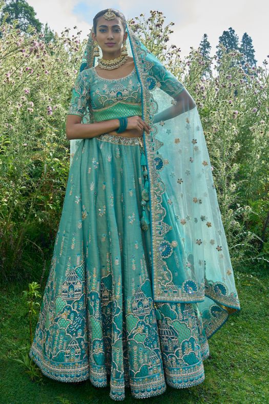 Mint Blue Stone Embroidered Silk Panelled Lehenga