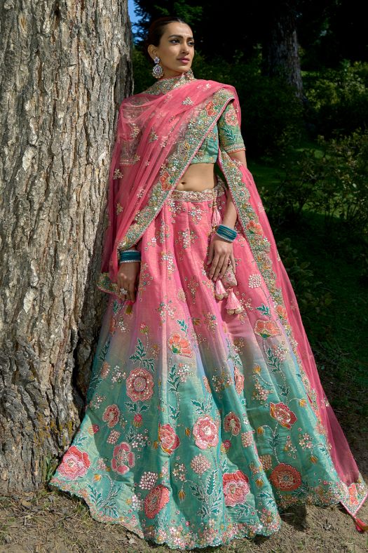 Pink and Sea Green Embroidered Silk Panelled Lehenga