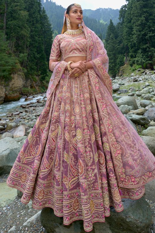 Dusty Pink Embroidered Silk Panelled Lehenga