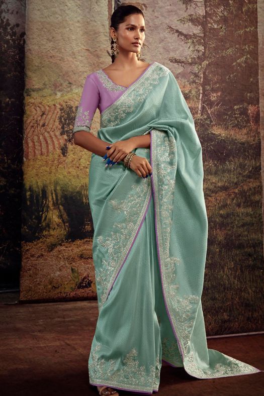 Mint Green Embroidered Fancy Fabric Silk Saree