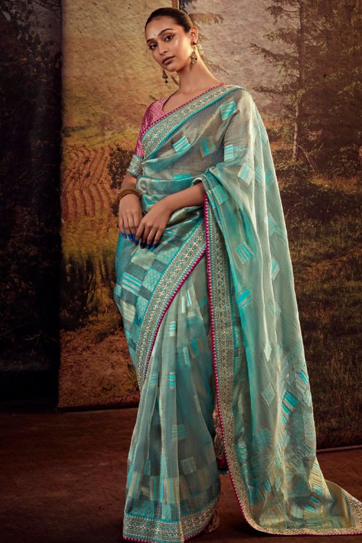 Turquoise Blue Embroidered Fancy Fabric Silk Saree