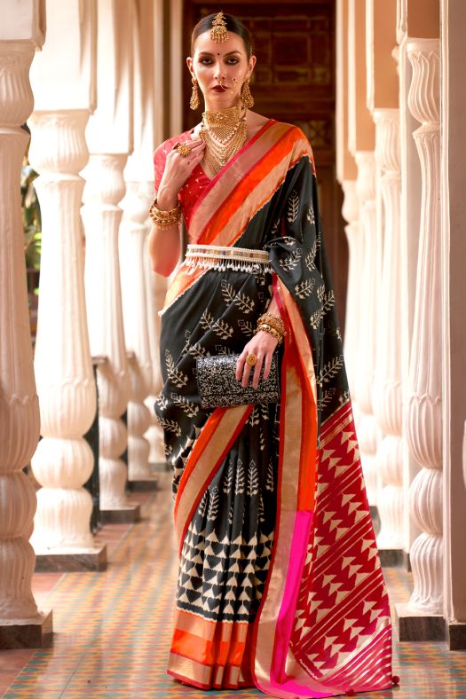 Black Ethnic Motif Printed Fancy Silk Saree