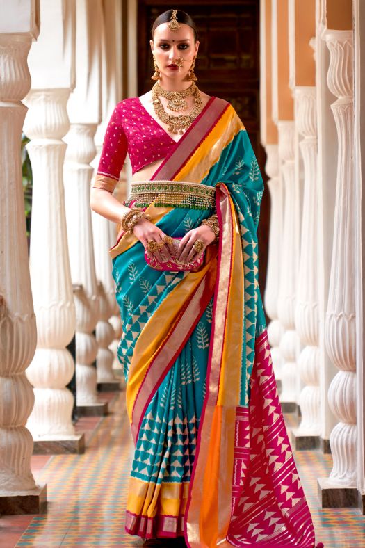 Horizon Blue Ethnic Motif Printed Fancy Silk Saree