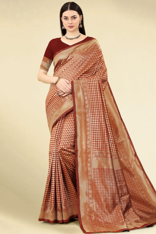 Maroon Weaved Jacquard Saree