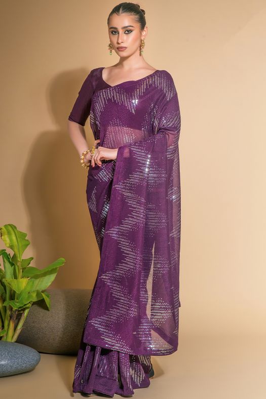 Purple Georgette Saree with Sequins Work
