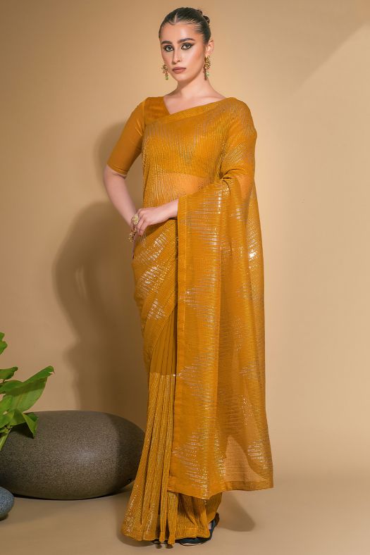 Mustard Yellow Georgette Saree with Sequins Work
