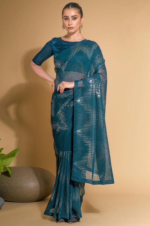 Blue Georgette Saree with Sequins Work