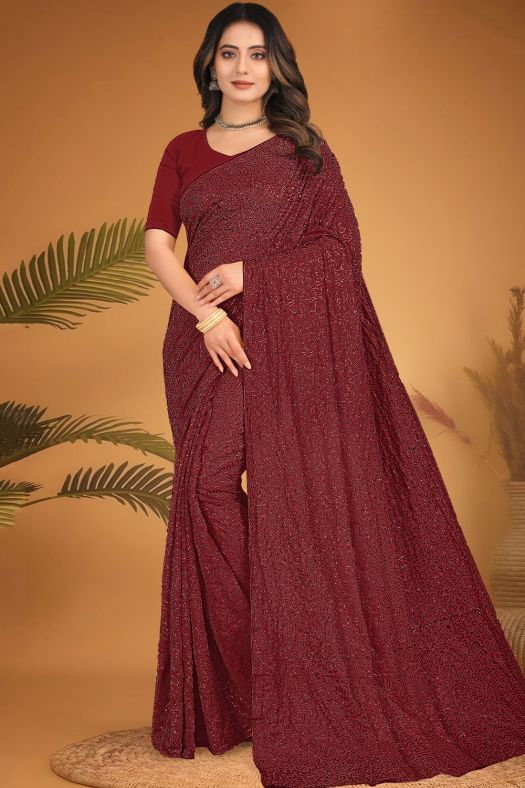 Dark Maroon Embroidered Georgette Partywear Saree