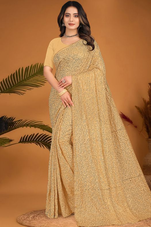Light Gold Embroidered Georgette Partywear Saree