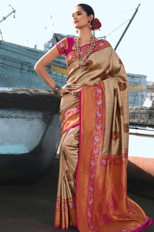 Dark Beige Designer Woven Silk Saree