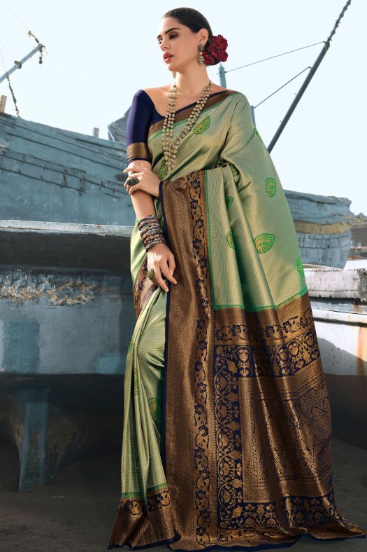 Sage Green Woven Silk Saree With Blue Border