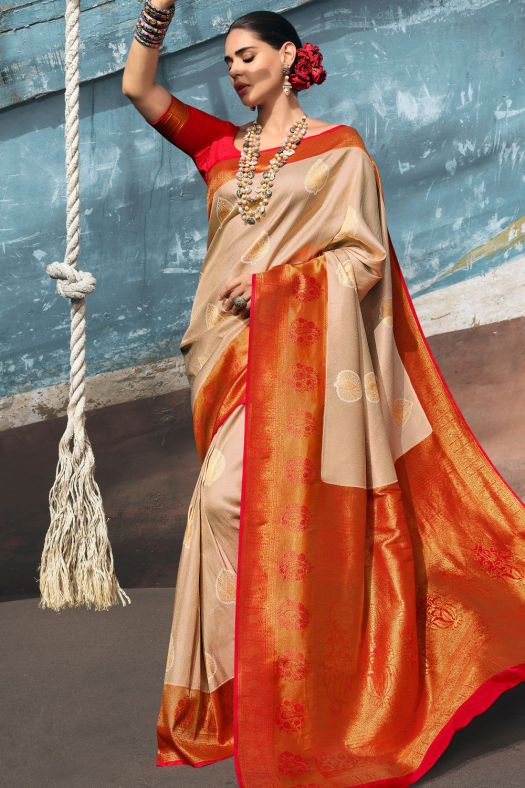 Sand Beige Woven Silk Saree With Red Border