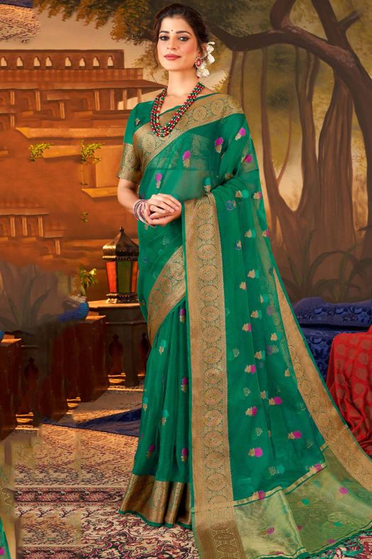 Bottle Green Woven Organza Broad Border Saree