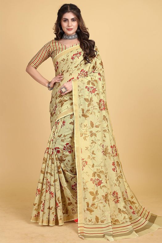 Light Yellow Floral Printed Chinnon Saree