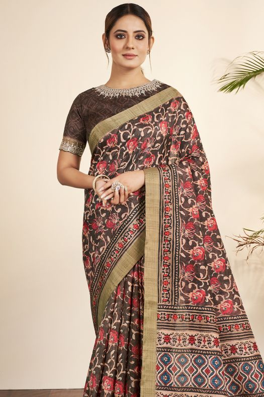 Dark Brown Printed Silk Saree