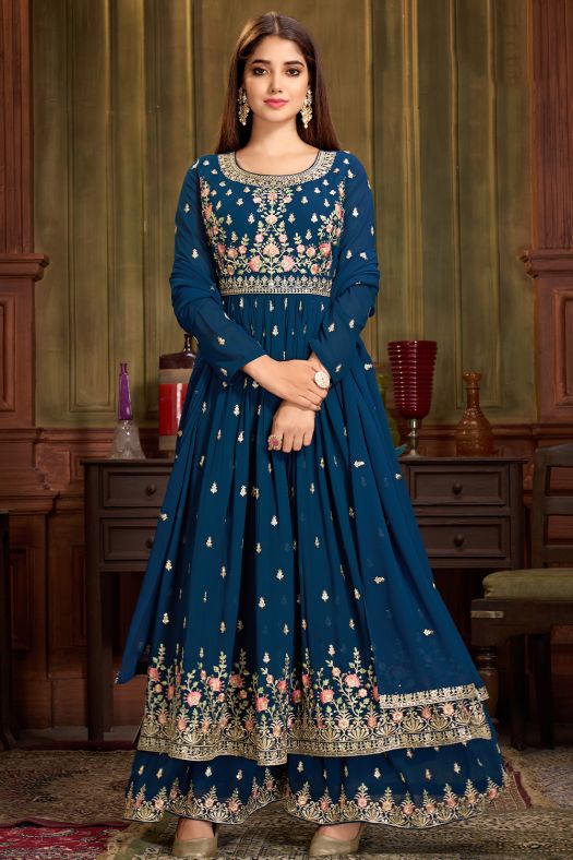Peacock Blue Georgette Embroidered Salwar Kameez Suit