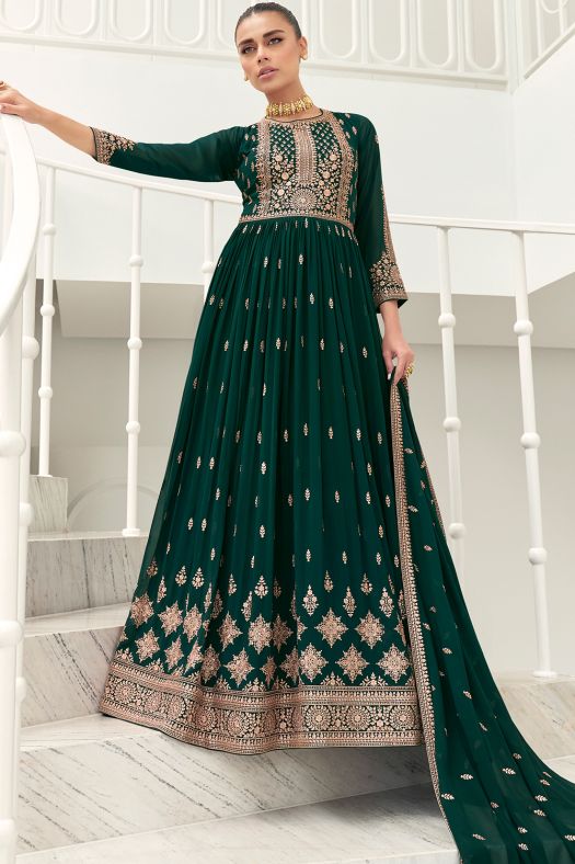 Bottle Green Silk Embroidered Anarkali Suit 