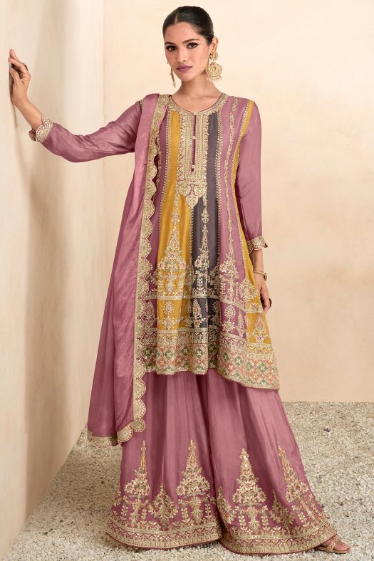  Mauve Chinnon Embroidered A- Line Sharara Suit