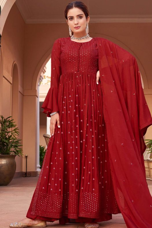Maroon Chinnon Embelllished Side Slit Anarkali Suit with Bottom