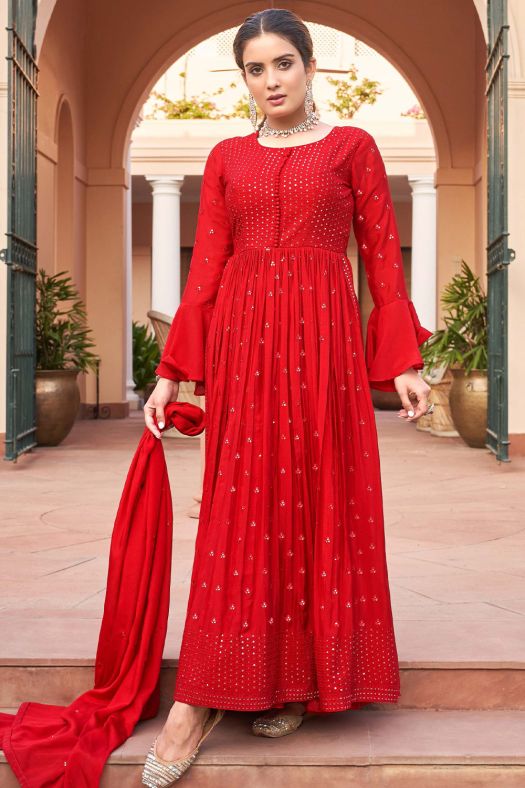 Red Chinnon Embelllished Side Slit Anarkali Suit with Bottom