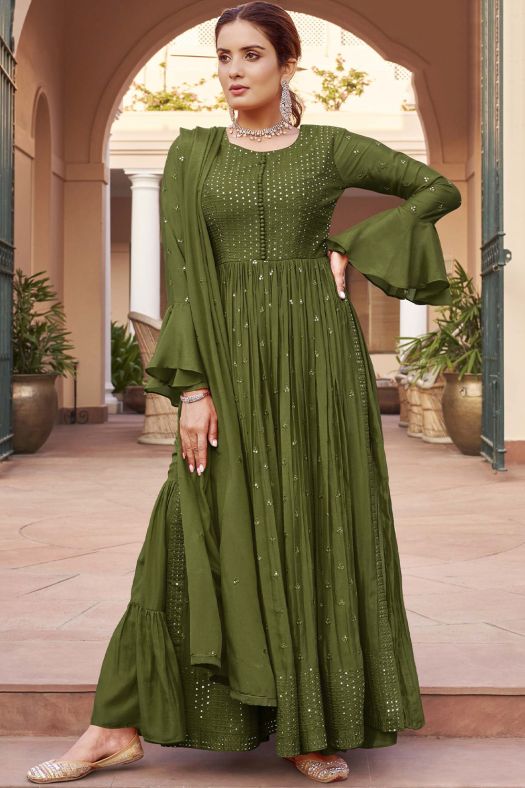 Olive Green Chinnon Embelllished Side Slit Anarkali Suit with Bottom