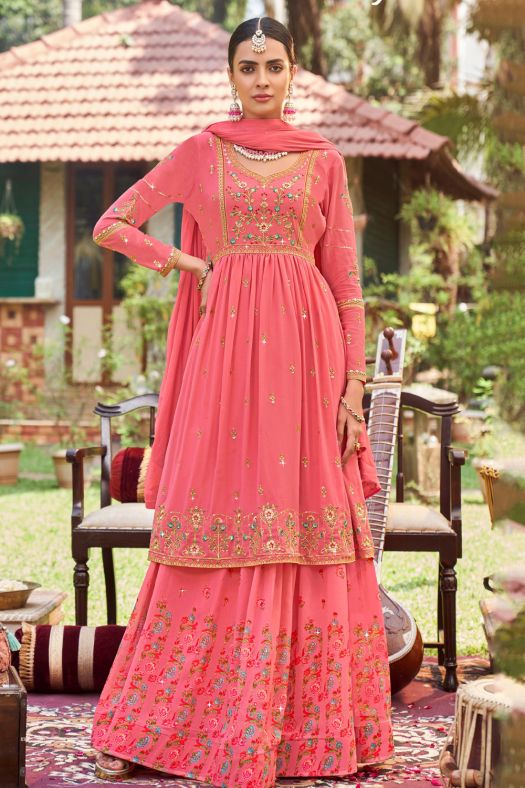 Coral Pink Georgette Traditional Embroidered Lehenga Kurti