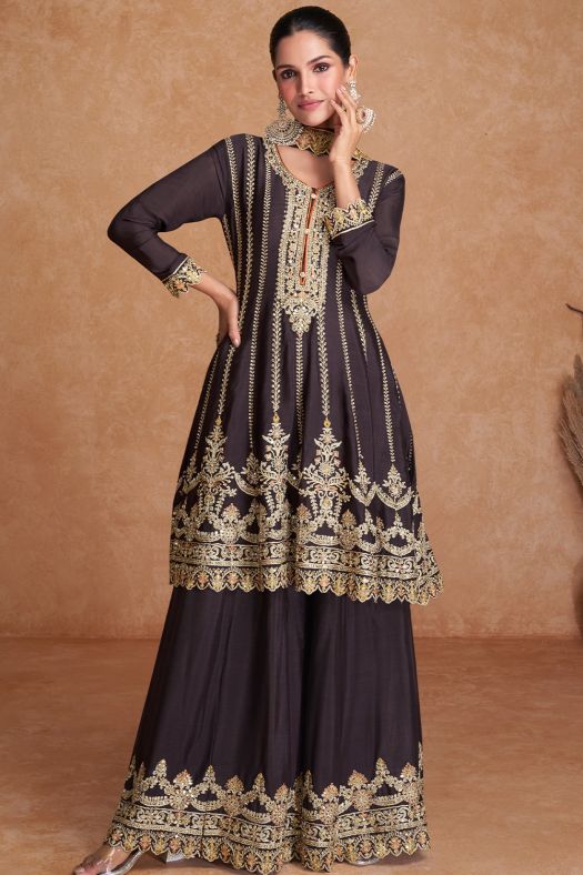 Brown Chinnon A line Sharara Suit with Heavy Embroidery