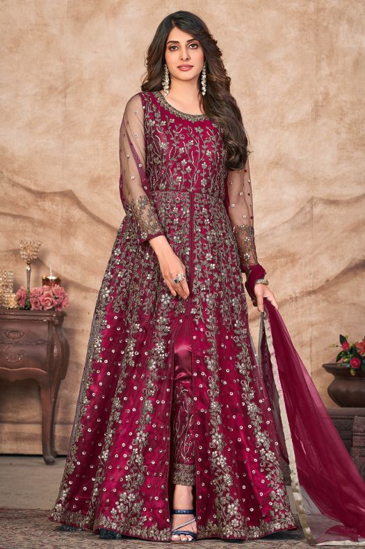Maroon Satin Embroidered Anarkali Suit
