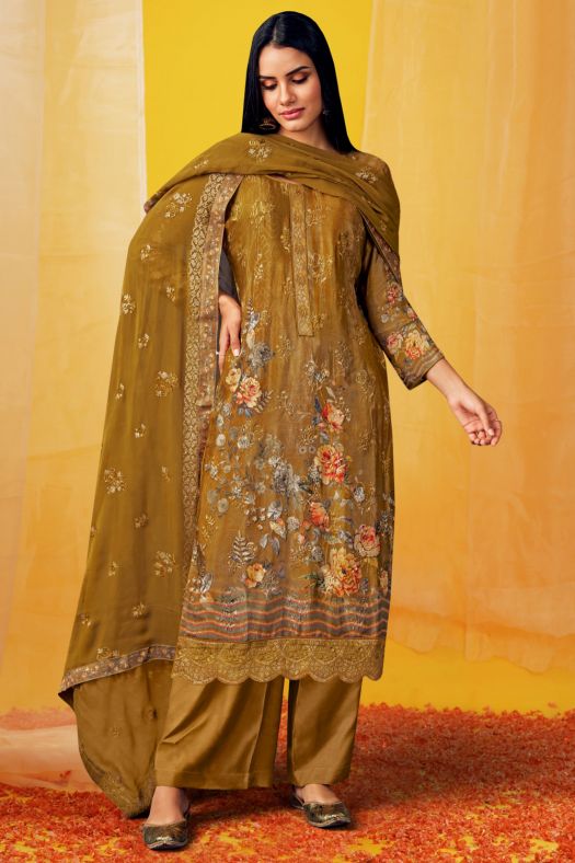 Mustard Yellow Viscose Chinnon Printed Kurta Set