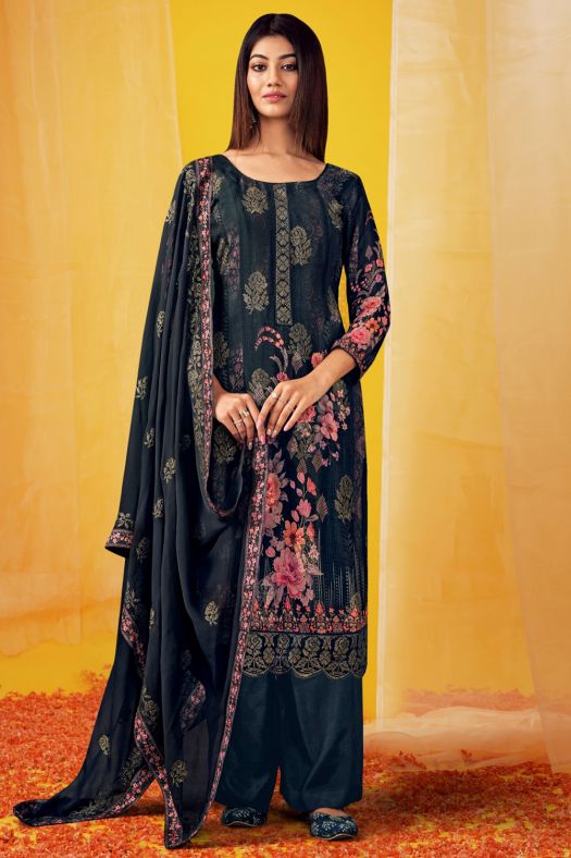 Deep Blue Viscose Chinnon Printed Kurta Set