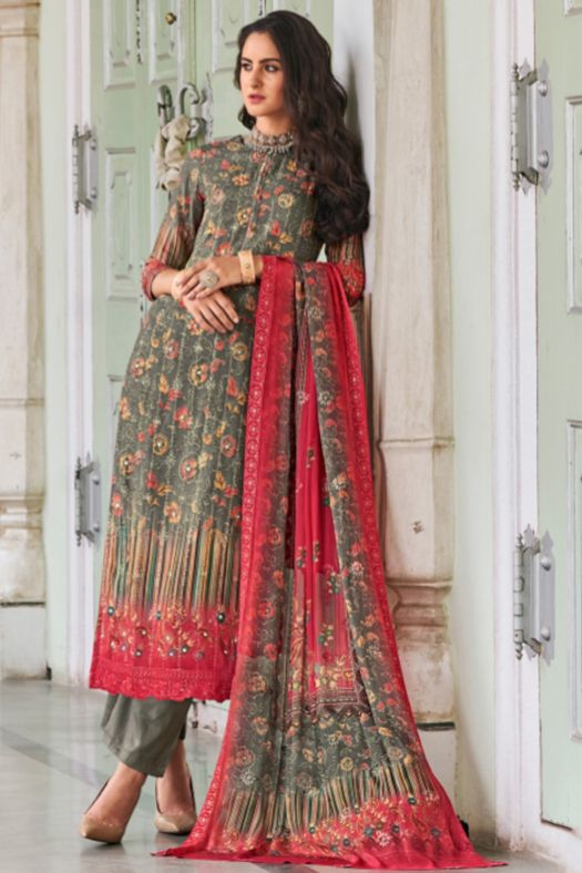 Grey Pure Viscose Muslin Digital Print Kurta Set