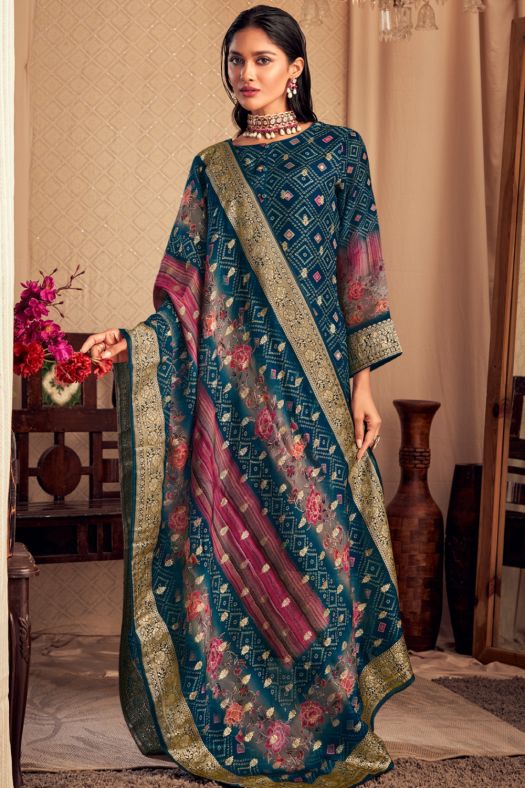 Blue Viscose Printed Kurta Set