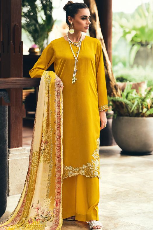 Mustard Yellow EmbroideredMuslin Silk Trouser Suit