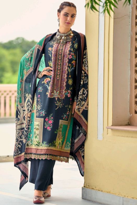Deep Blue Viscose Silk Printed Kurta Set