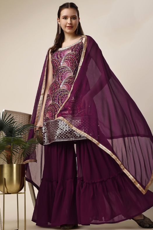 Wine Georgette Sequins Embroidered Sharara Suit