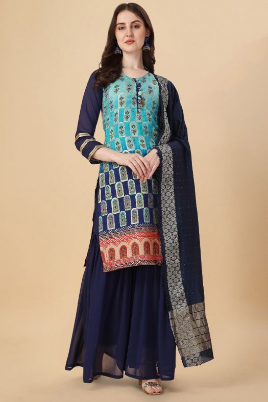 Navy Blue Georgette Printed Gharara Suit