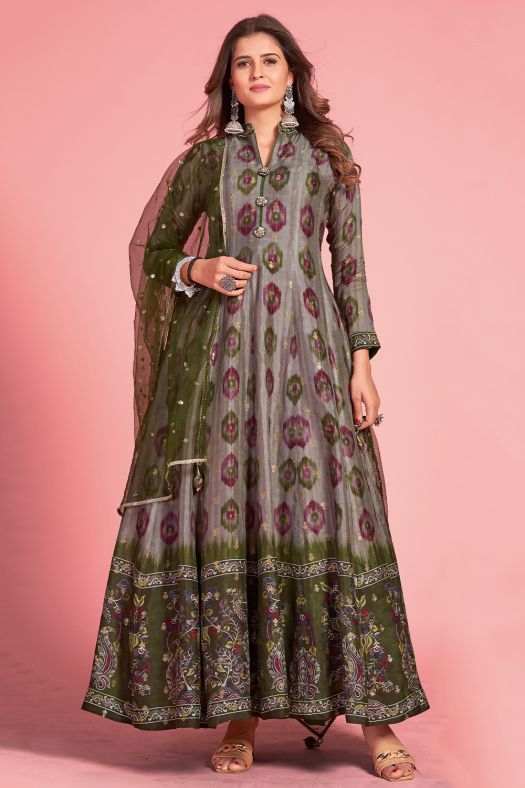 Dark Grey Printed Art Silk Anarkali Suit With Green Dupatta