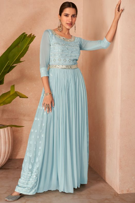 Aqua Blue Embroidered Anarkali Gown